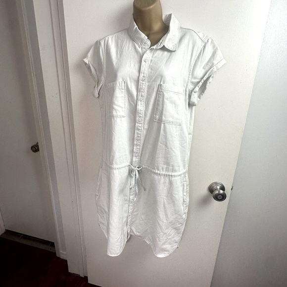 PAIGE Light Wash Mila Chambray Denim Cotton Button  Drawstring ShirtDress NWOT L - Picture 1 of 14